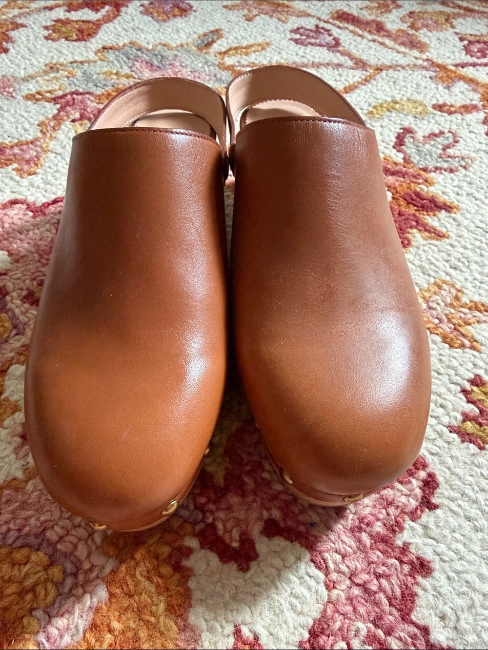 J. Crew Brown Tan Leather Studded Wooden Clogs - Picture 6 of 6